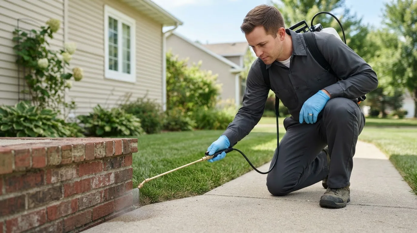 Pest control technician treating a home near Revelo, KY